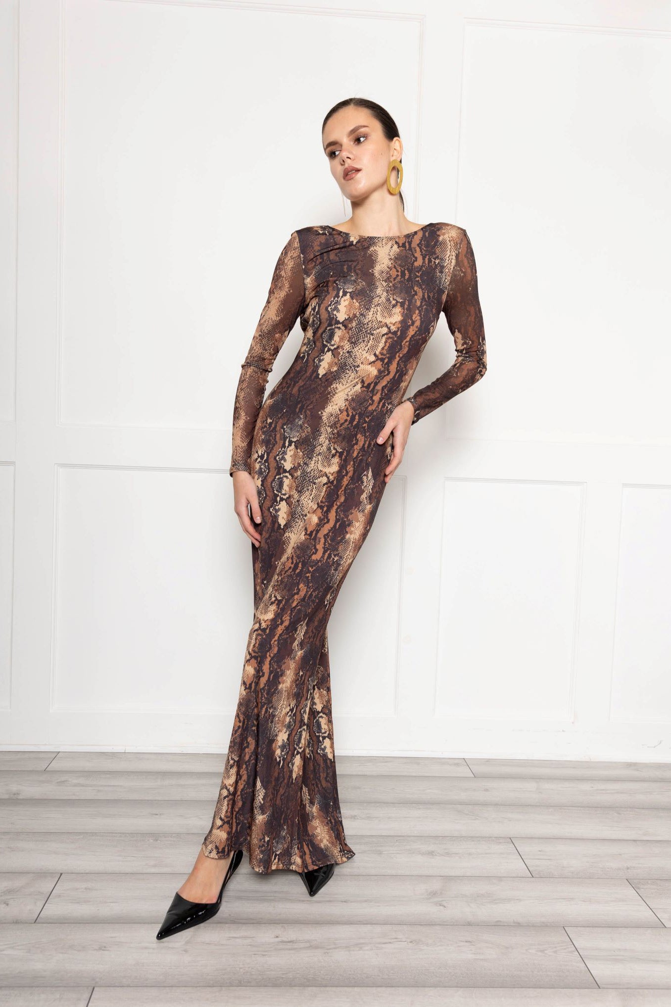 Sheer Sleeve Maxi Dress With Fishtail In Snake Print Flouncelondon