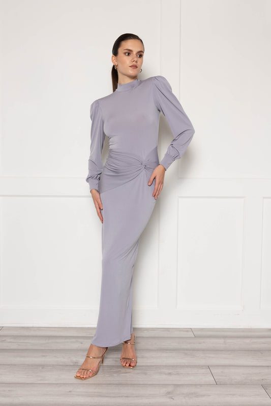 High neck maxi dress with ruched detail in grey