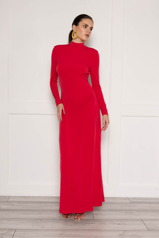 High neck maxi dress with back detail in red