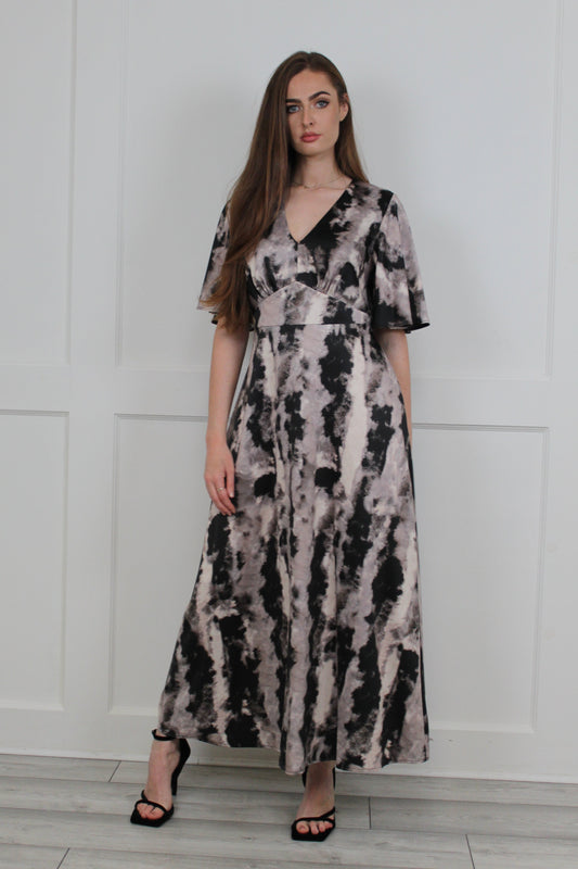 Flounce London Grey Smudge Print Woven Satin Maxi